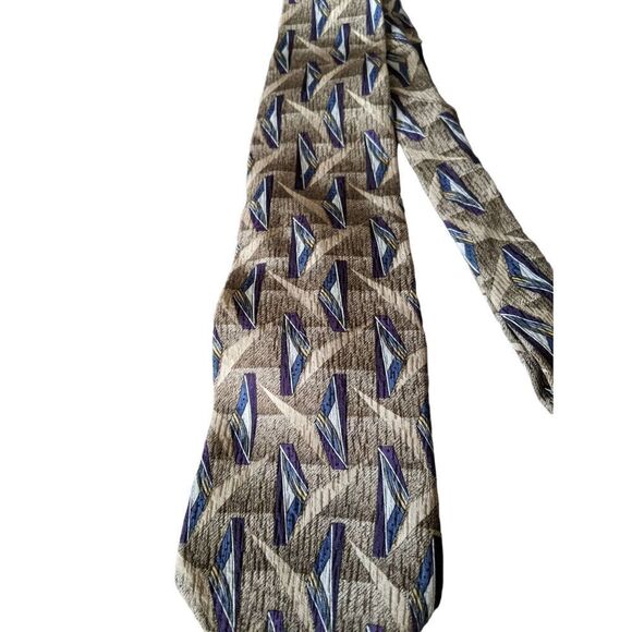 Pinecone Brown Tan Silver Blue & Purple Abstract Pattern 100% Silk Tie Len:59.5" - Picture 6 of 7